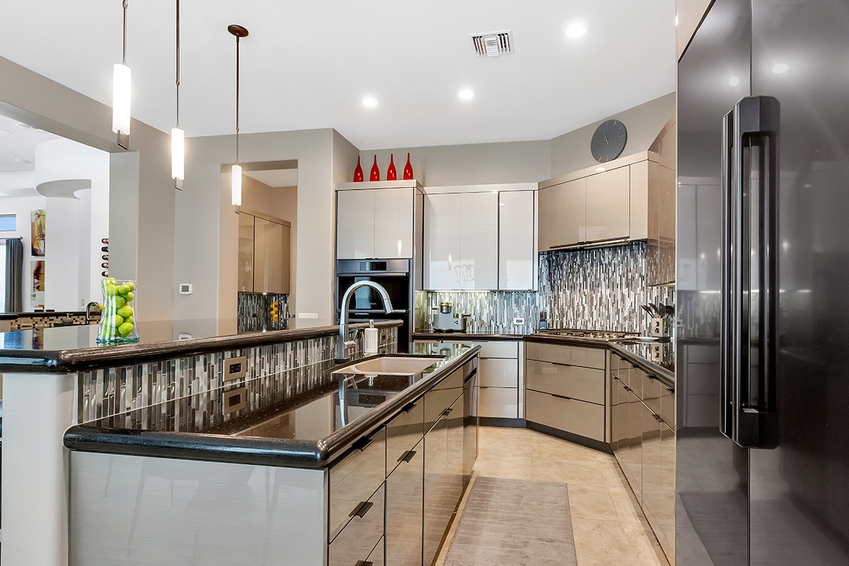 Gray gloss kitchen cabinets