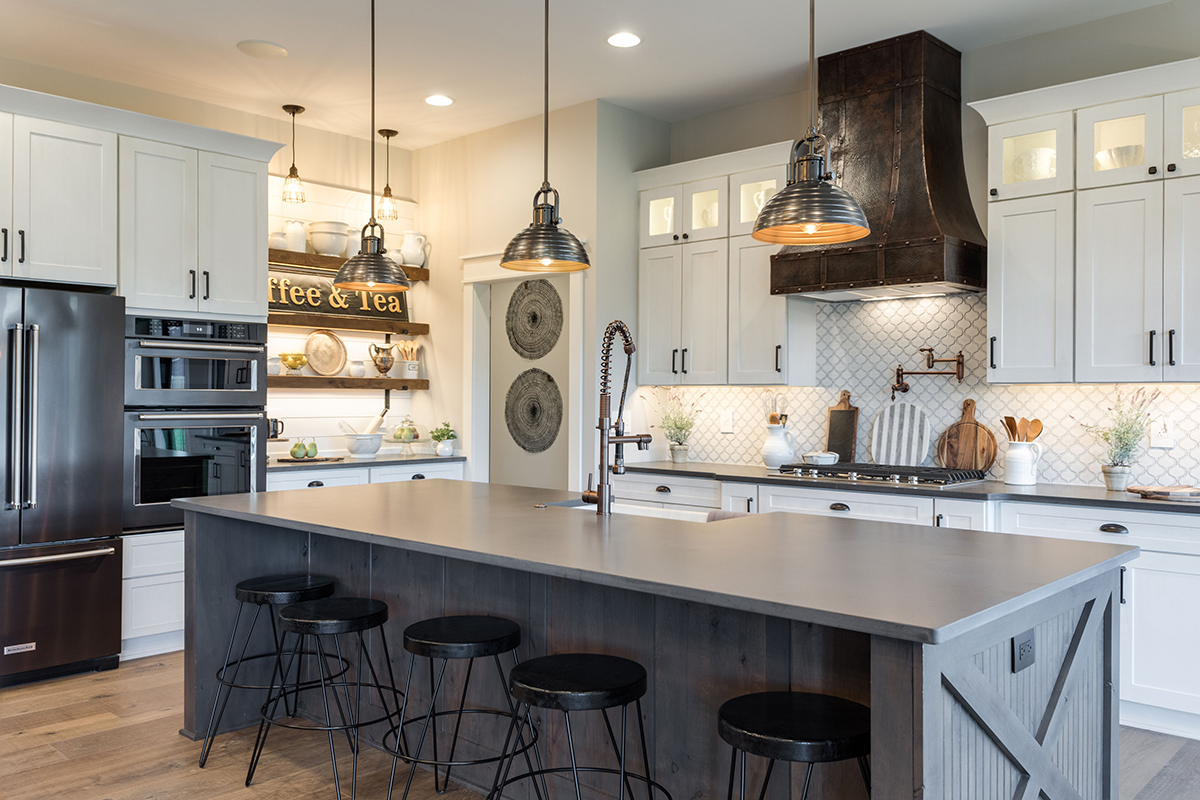 Dark stained and white kitchen cabinets