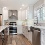 dark stained and White kitchen cabinets