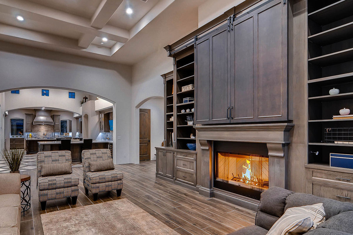 Dark stained living room cabinets