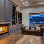 Dark stained living room cabinets