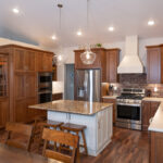 White and Warm stained kitchen cabinets