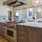 White and dark stained kitchen cabinets