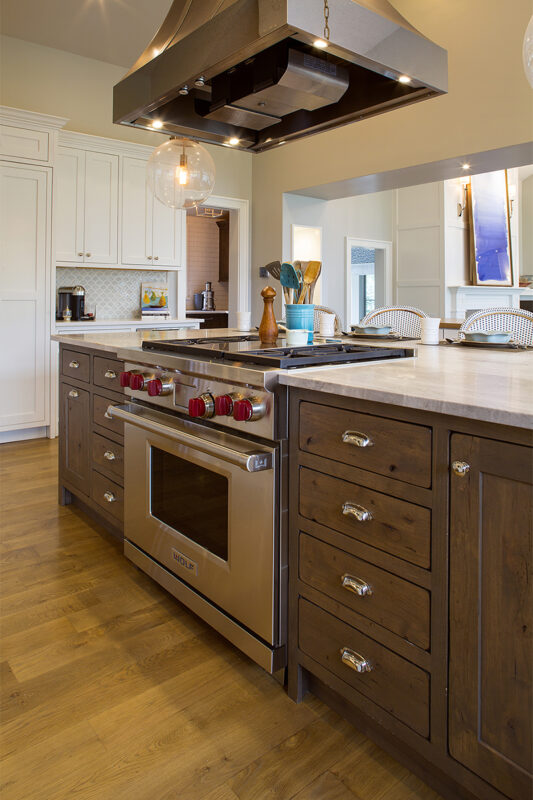 White and dark stained kitchen cabinets