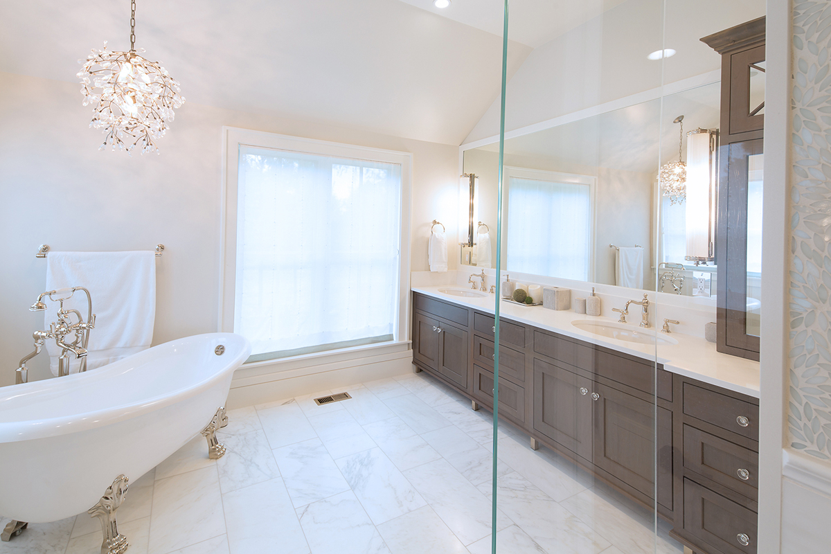 warm stained bathroom cabinets