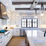dark stained and white kitchen cabinets