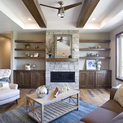 Dark stained living room cabinets