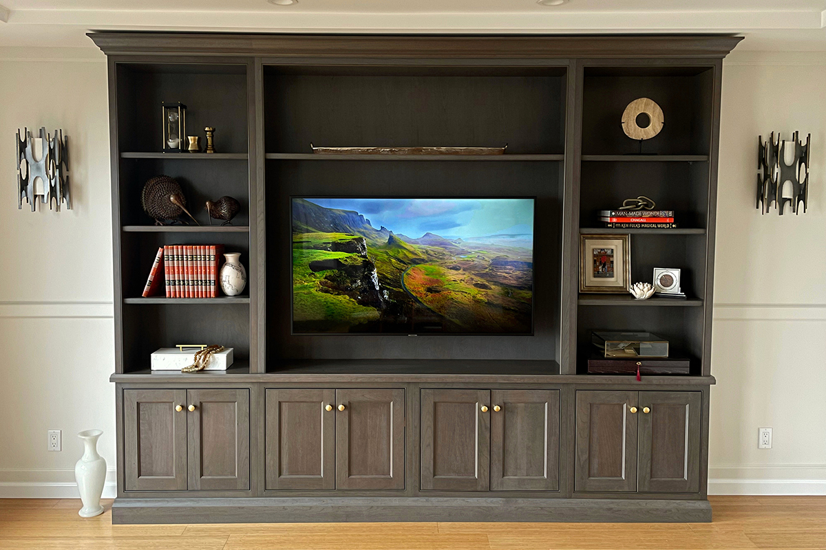 Dark stained entertainment center cabinets
