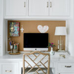 Close up of the desk with drawers and silver handles