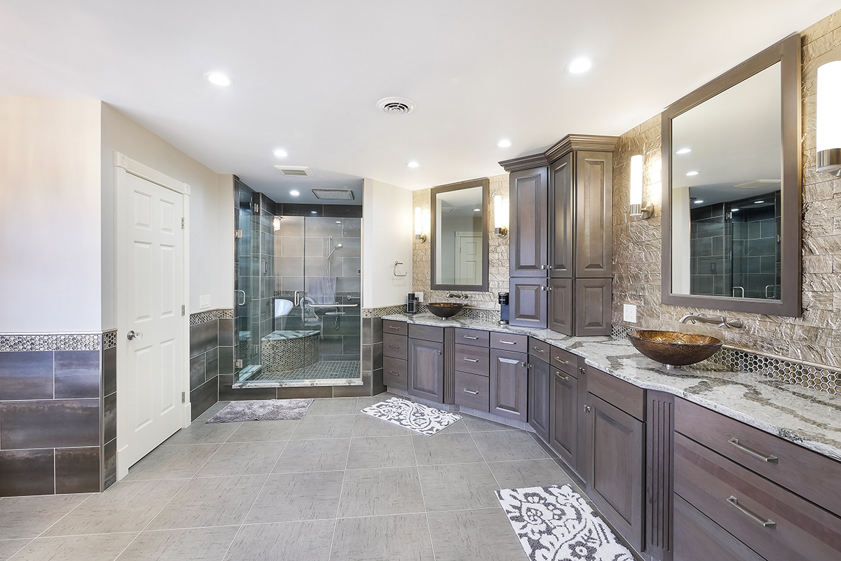Dark stained bathroom cabinets