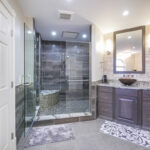 Dark stained bathroom cabinets