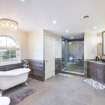 Dark stained bathroom cabinets