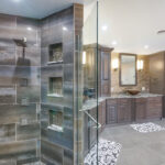 Dark stained bathroom cabinets
