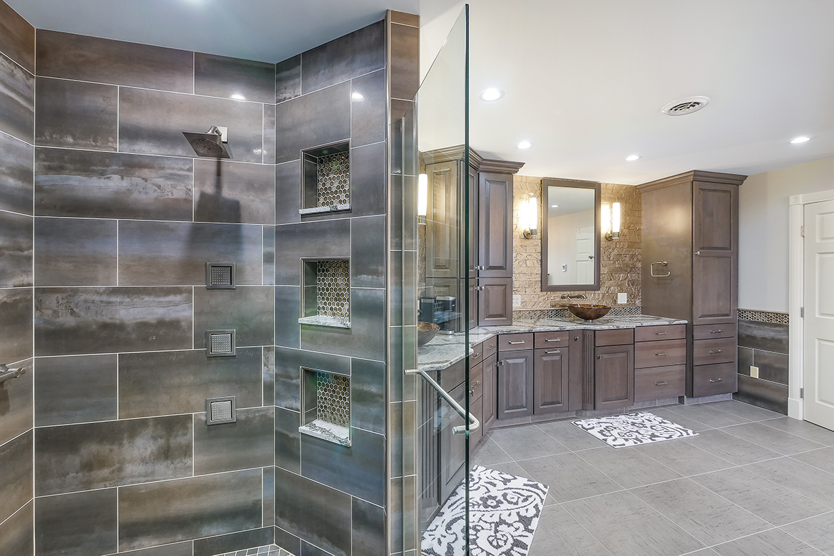 Dark stained bathroom cabinets