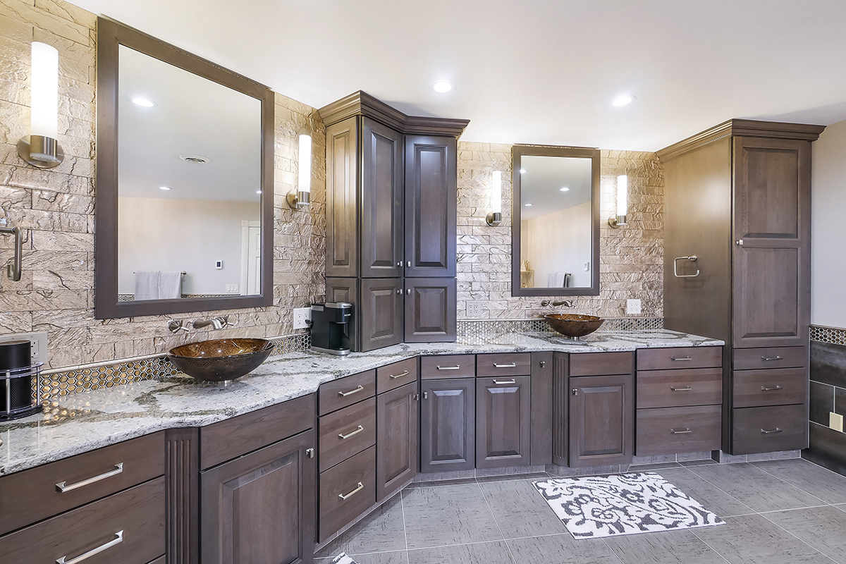 Dark stained bathroom cabinets