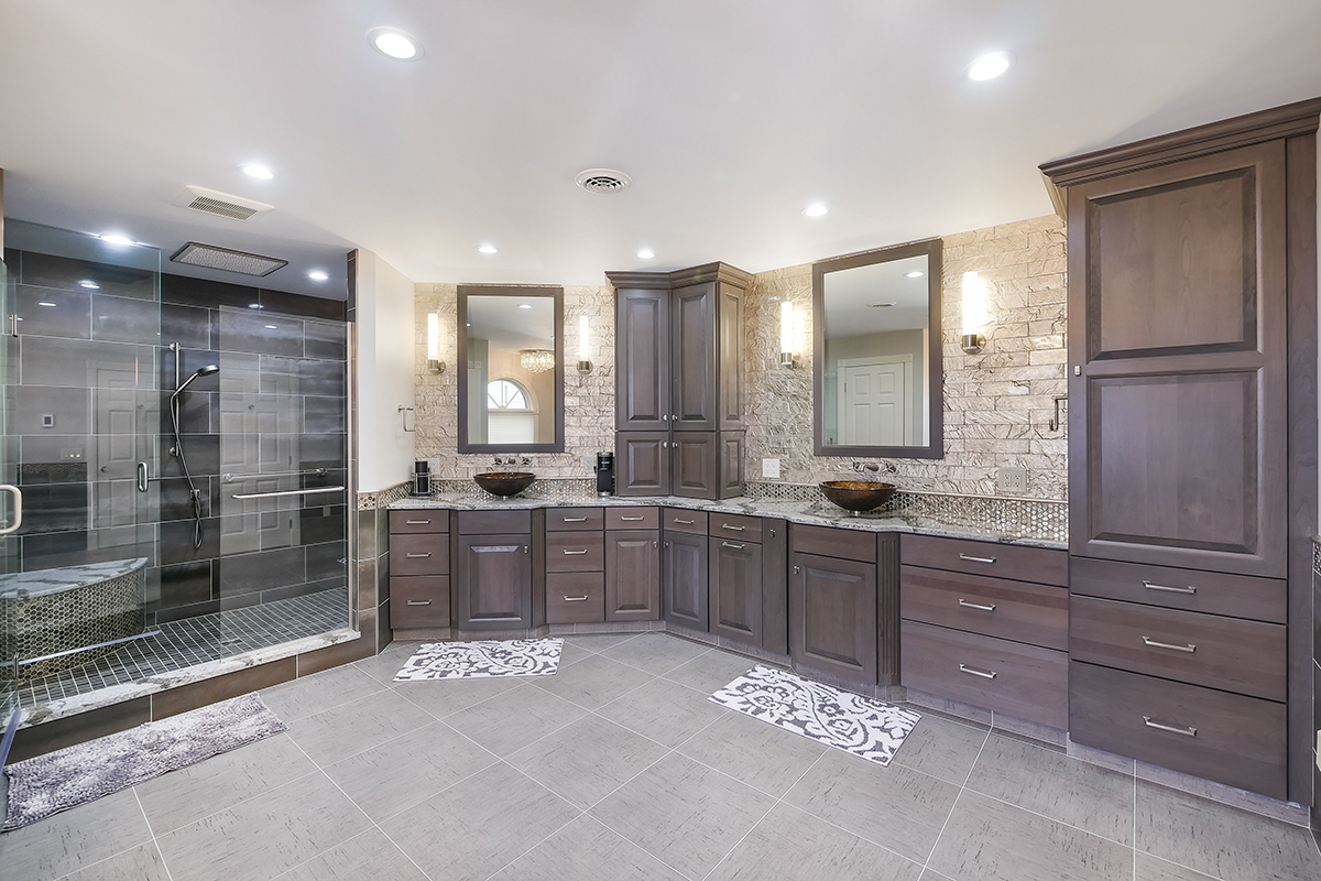 Dark stained bathroom cabinets