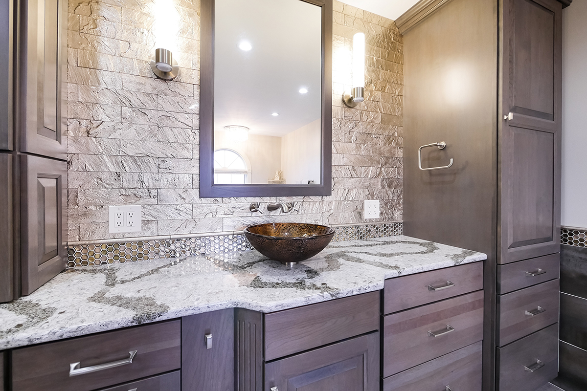Dark stained bathroom cabinets
