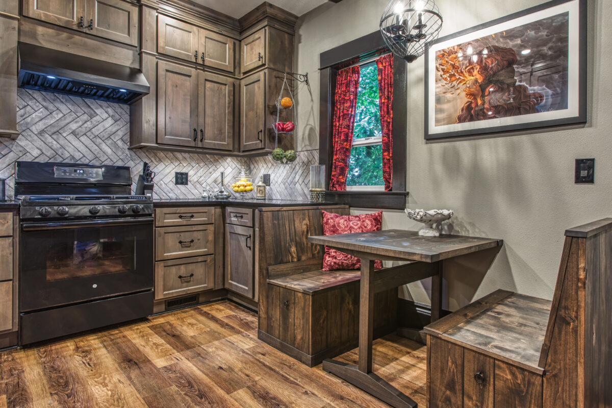 Built in breakfast nook in the kitchen made out of weathered wood.