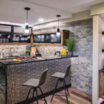 Shows wet bar with cabinets open