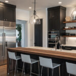 Black, white, and walnut kitchen features are show here. The bar top of the island is made of walnut with modern white chairs below.