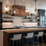 Highlights the length of the kitchen with the walnut shelving