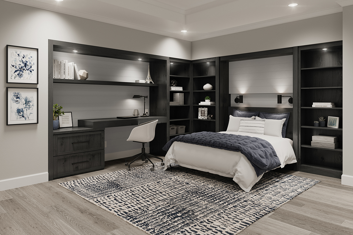 Built-in murphy bed with a built in desk and shelving around the bed.