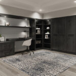 Picture of the murphy bed folded up and a view of the office space.