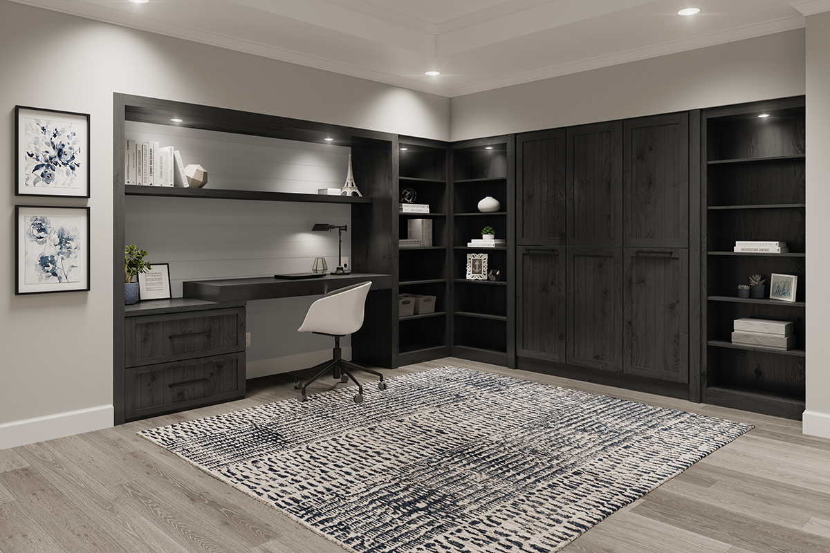 Picture of the murphy bed folded up and a view of the office space.