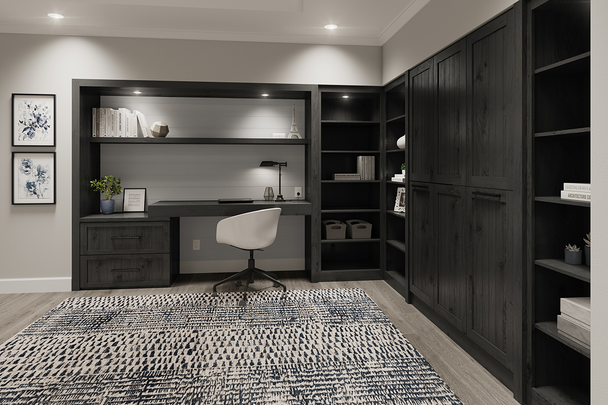 Shows a different angle of the murphy bed up and the built in shelving.