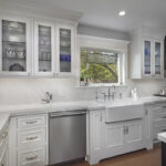 A close up of the glass cabinets.