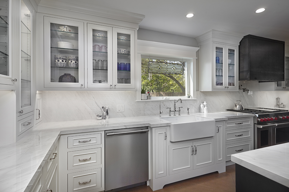A close up of the glass cabinets.
