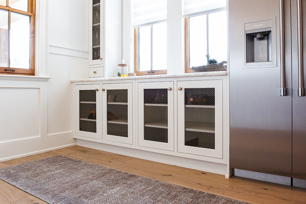 Up close view of the cabinets with mesh faces.