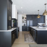 Walkway of kitchen is surrounded by black cabinetry with gold accents.