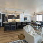A view of the kitchen and dining room space from the living room.
