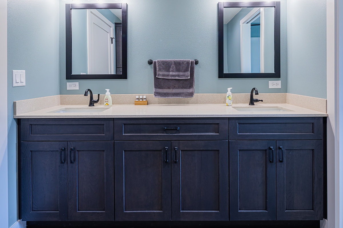 dual sink bathroom with dark cabinets