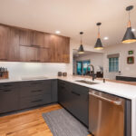 Walnut and painted Iron Ore kitchen cabinets