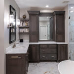 Stained cabinetry in bathroom