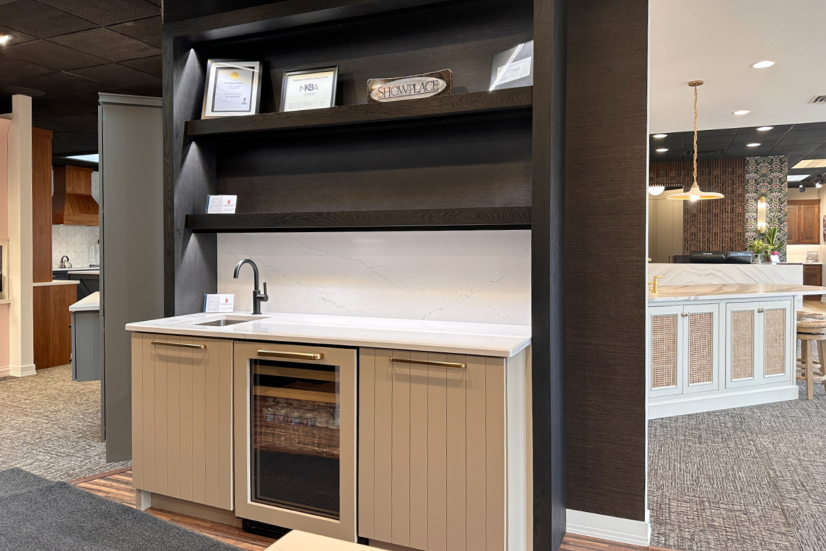 Painted bar cabinets with stained floating shelves