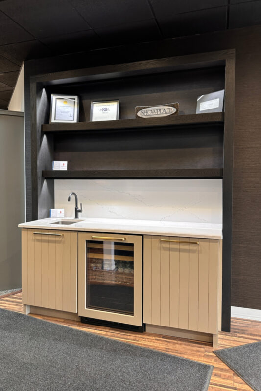 Painted bar cabinets with stained floating shelves