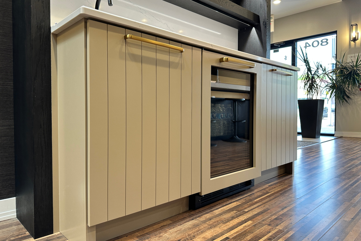 Painted bar cabinets with stained floating shelves