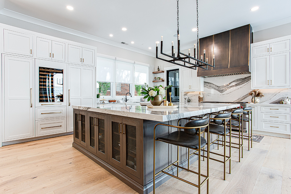 White kitchen with Cherry Rockport island