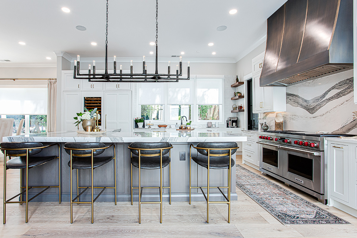 White kitchen with Cherry Rockport island