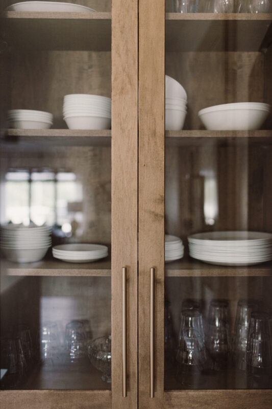 Glass doors displaying dishware