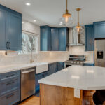 Blue painted kitchen with stained island