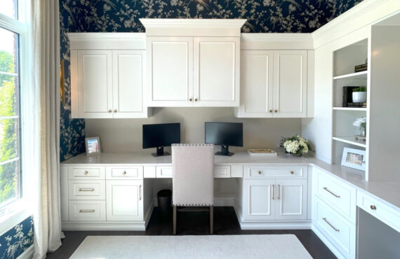 Painted white office cabinets.