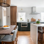 Stained and painted open floor plan kitchen with island