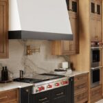 Stained kitchen cabinets with white hood