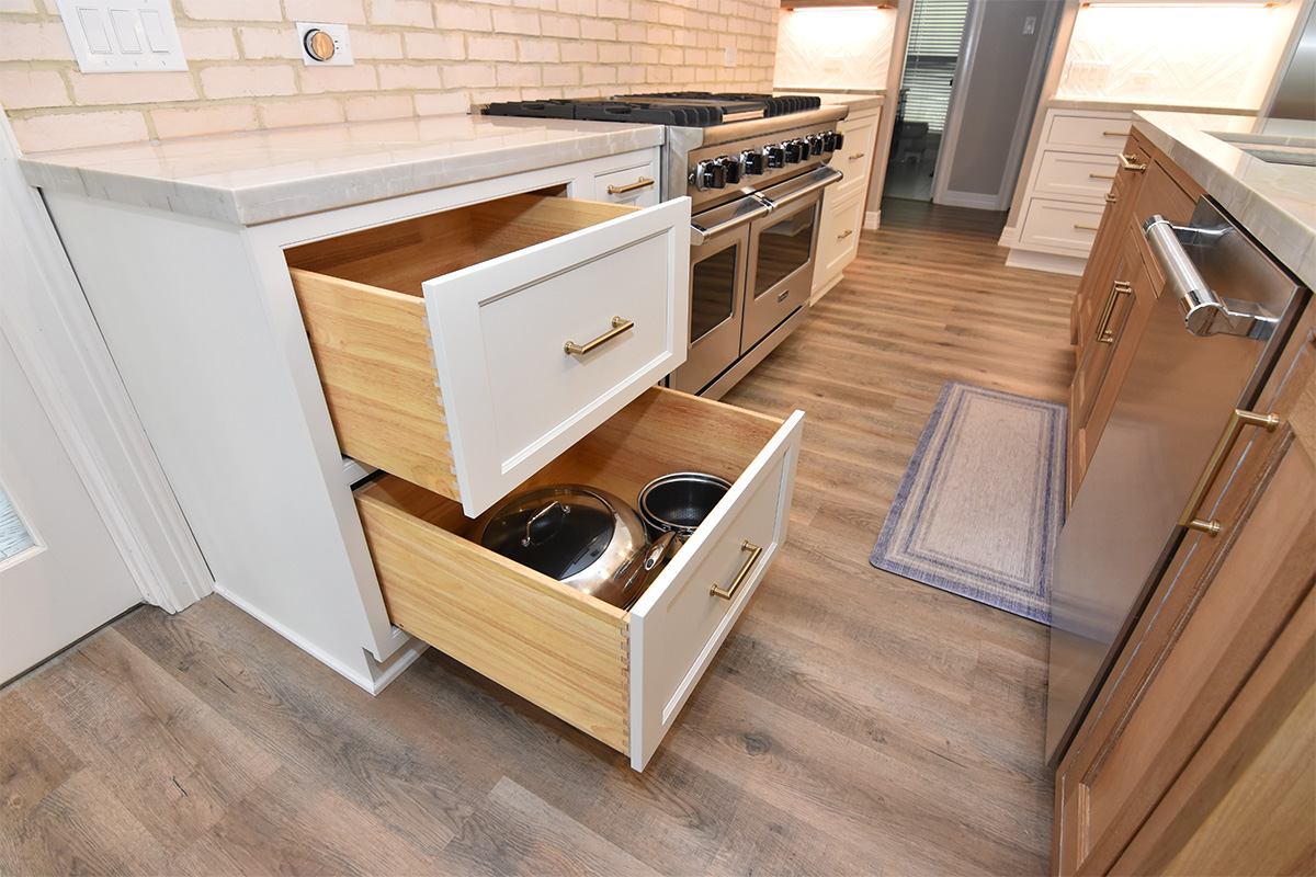 painted kitchen cabinets with drawers open