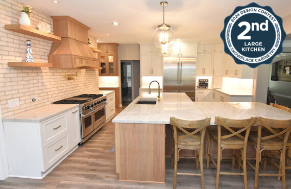 Full kitchen view of a painted perimeter and stained island