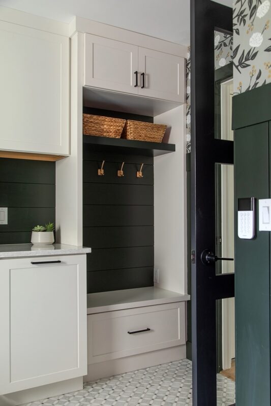 White painted laundry room cabinets